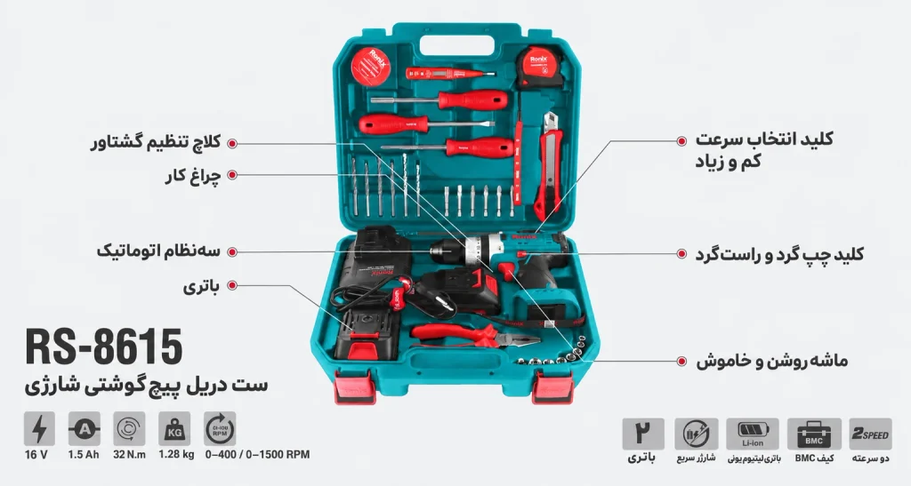 ست دریل شارژی چکشی ۱۶ ولت دو باتری ۳۳ پارچه رونیکس مدل RS-8615