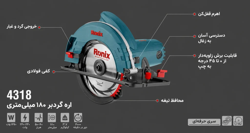 اره دیسکی نجاری 180 میلی‌متری 1350 وات رونیکس مدل 4318