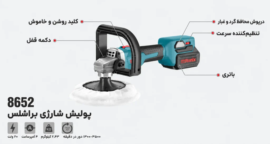 پولیش شارژی 20 ولت براشلس رونیکس مدل 8652