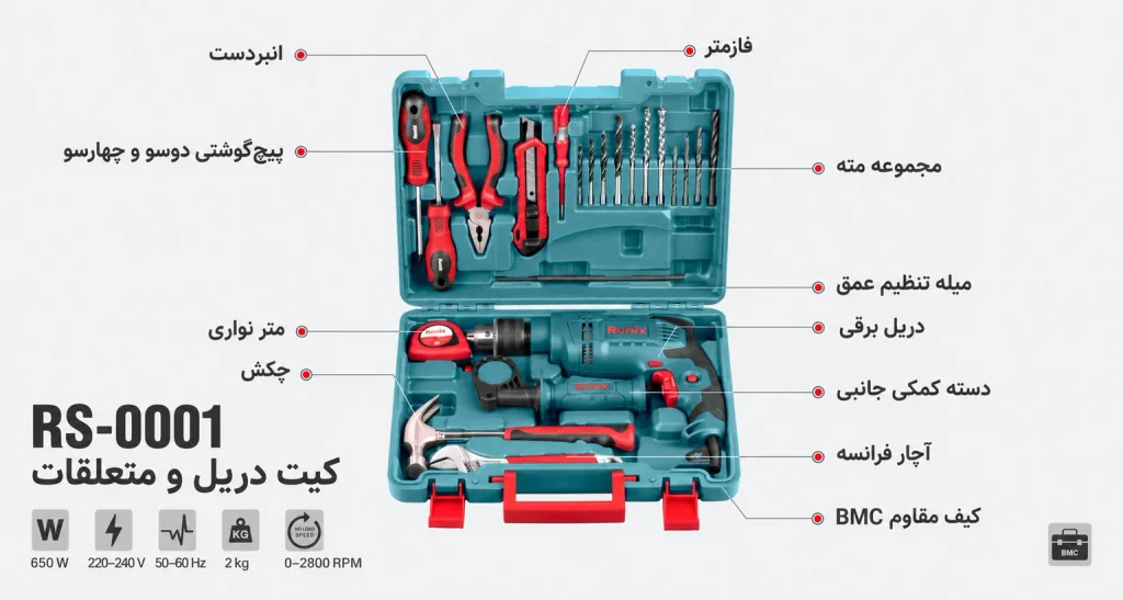 کیت دریل چکشی ۶۵۰ وات رونیکس مدل RS-0001
