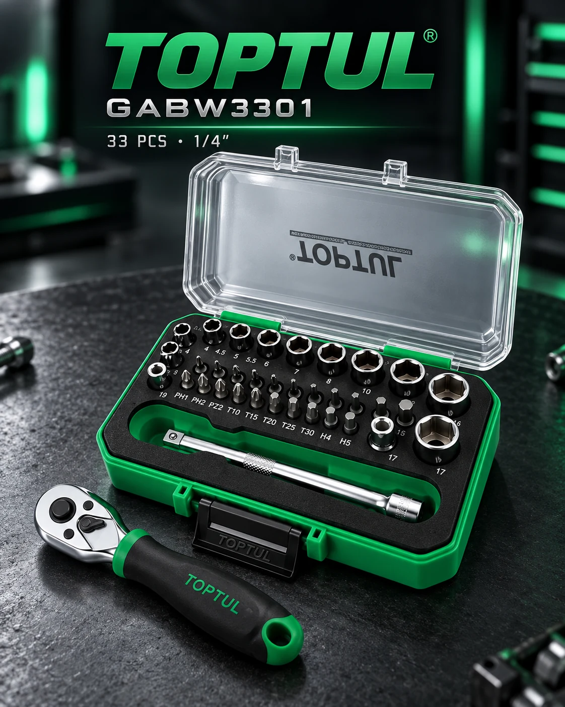 جعبه بکس و بیت 33 پارچه 1⁄4 اینچ تاپ تول مدل GABW3301