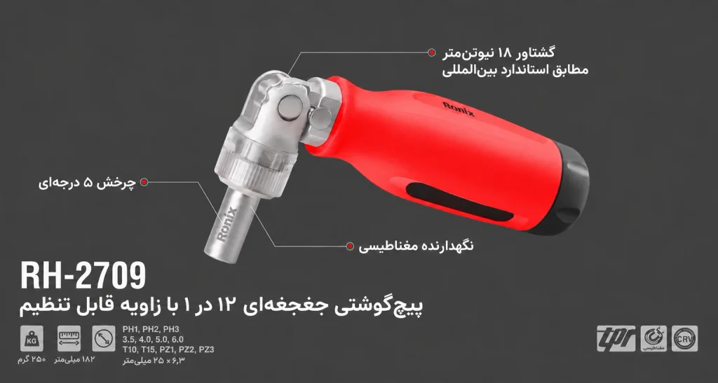 پیچگوشتی جغجغهای تاشو 12 عدد سری رونیکس مدل RH-2709